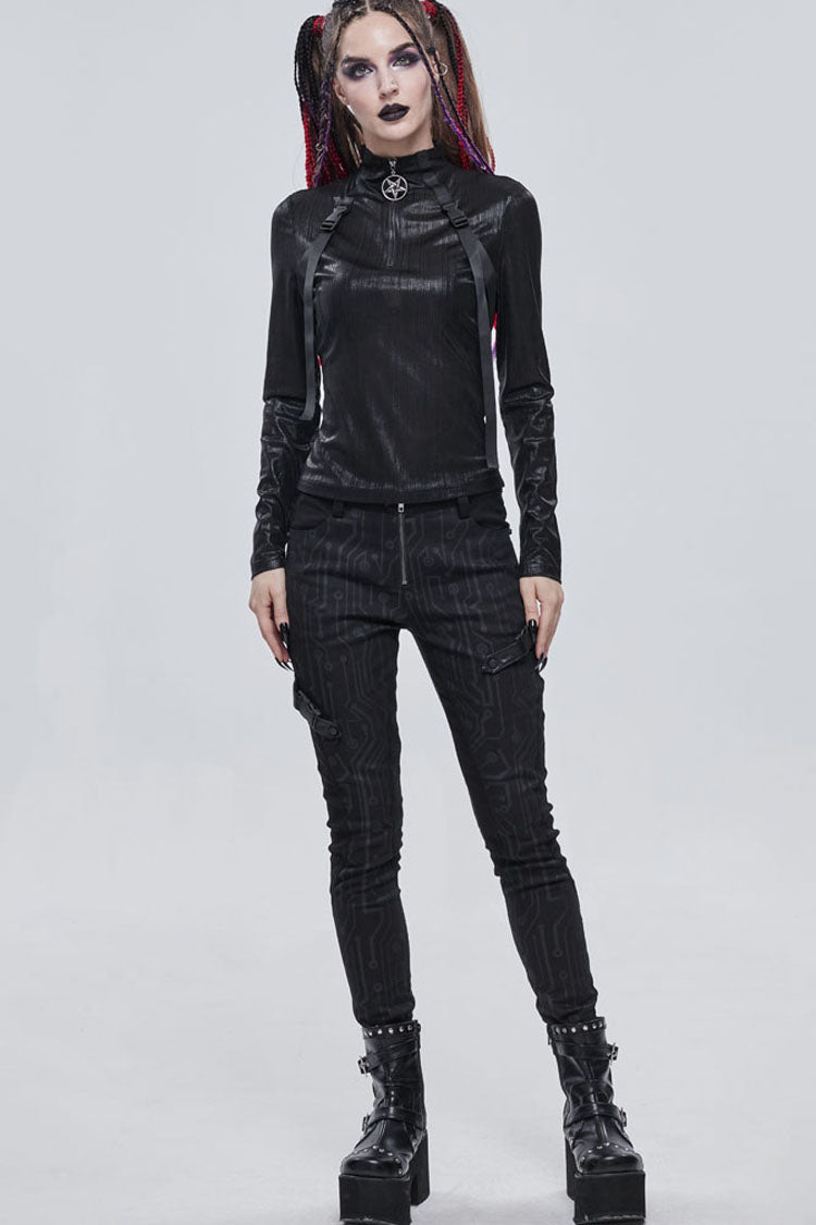 Black Punk Shimmery Stretch Fabric With Zipper Metal Pentagram Pendant Women's Shirt - Product - 2