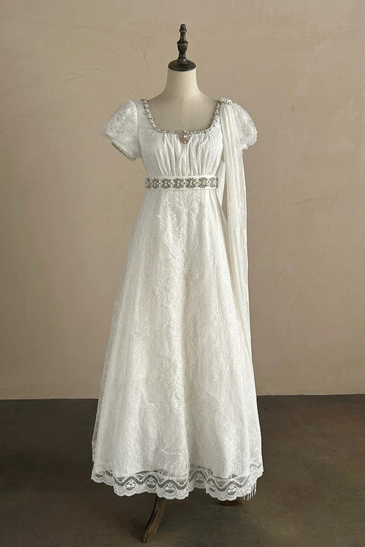 White Square Collar Short Sleeves Jacquard Wedding Style Lace Pearl Detail Vintage Elegant Luxurious Lolita Dress - Product - 9