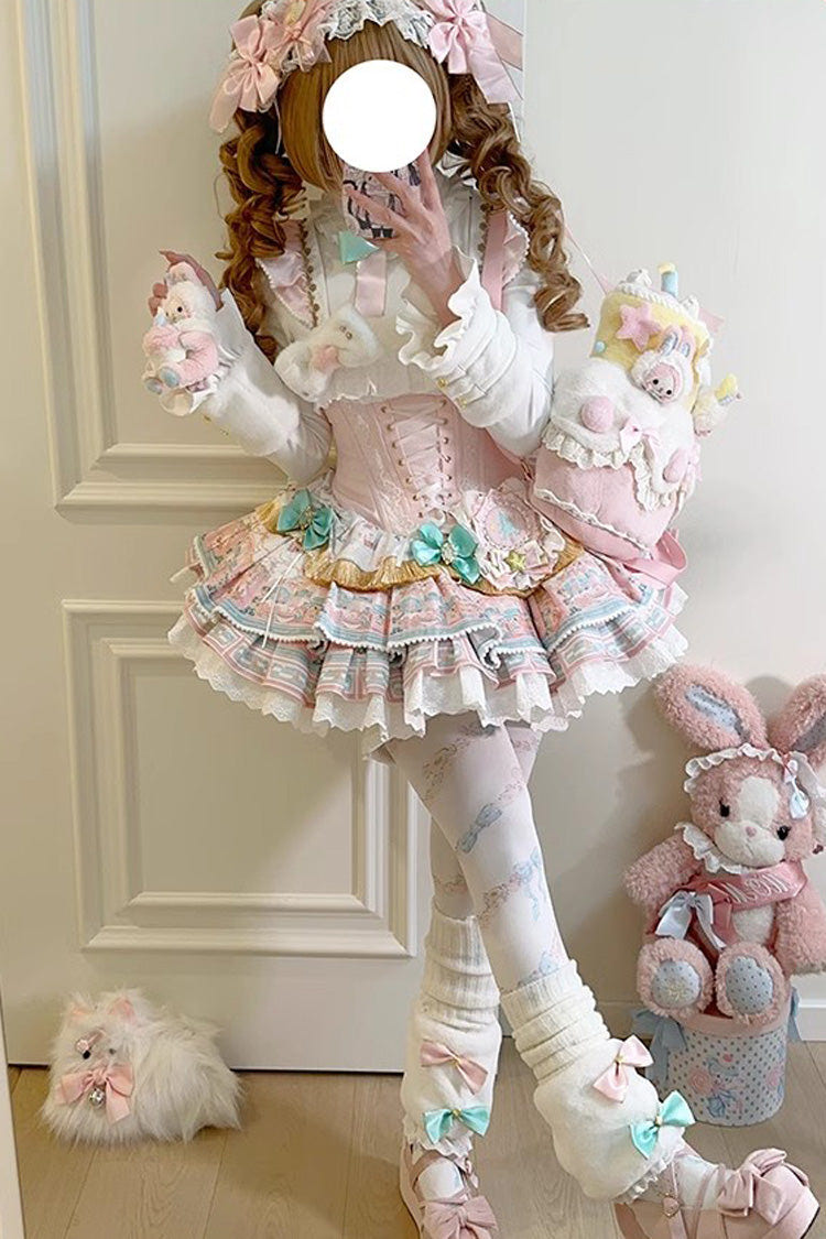ピンク [Candy House] ティアード プリント フリル リボン レースアップ スウィート バレエ ロリータ ジャンパースカート（JSK） 商品画像