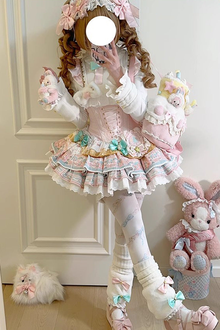 Pink [Candy House] Multi-Layered Print Ruffle Bowknot Lace-Up Sweet Ballet Lolita Jsk Dress - Product - 13