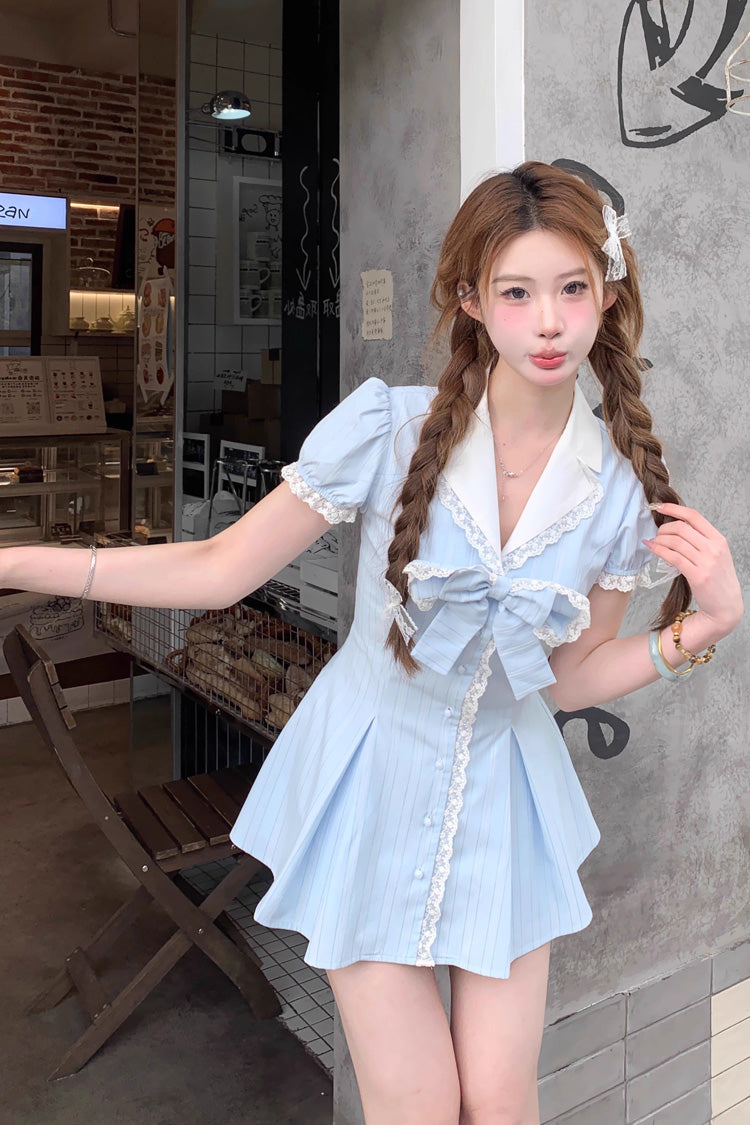 Aqua V Collar Short Puff Sleeves Stripe Print Ruffle Bowknot Sweet Jirai Kei Dress - Product - 5