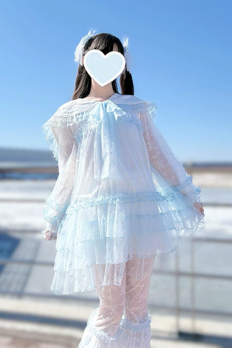 Blue [Sea Salt Soda] Navy Collar Long Sleeves Multi-Layered Ruffled Lace Sheer Jirai Kei Dress - Product - 4