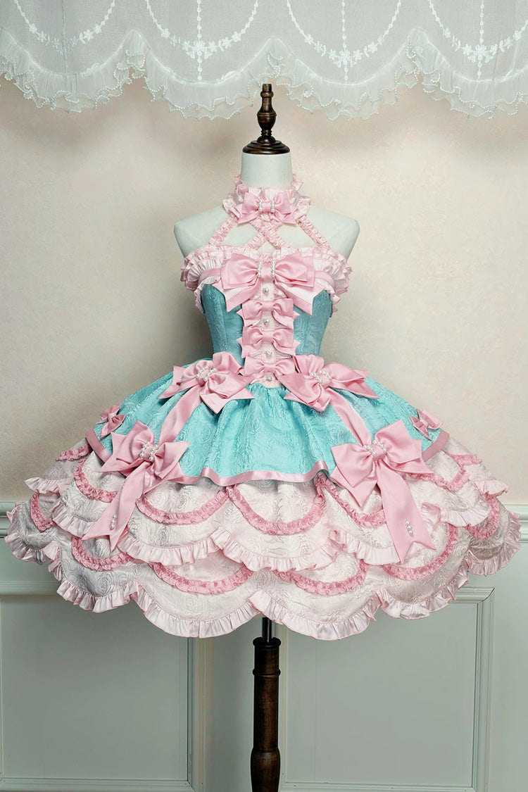 ピンク／グリーン [Sweetheart Petals] ホルターネック ノースリーブ ティアード ジャカード フリル リボン パール Detail スウィートロリータ ジャンパースカート（JSK） 商品画像