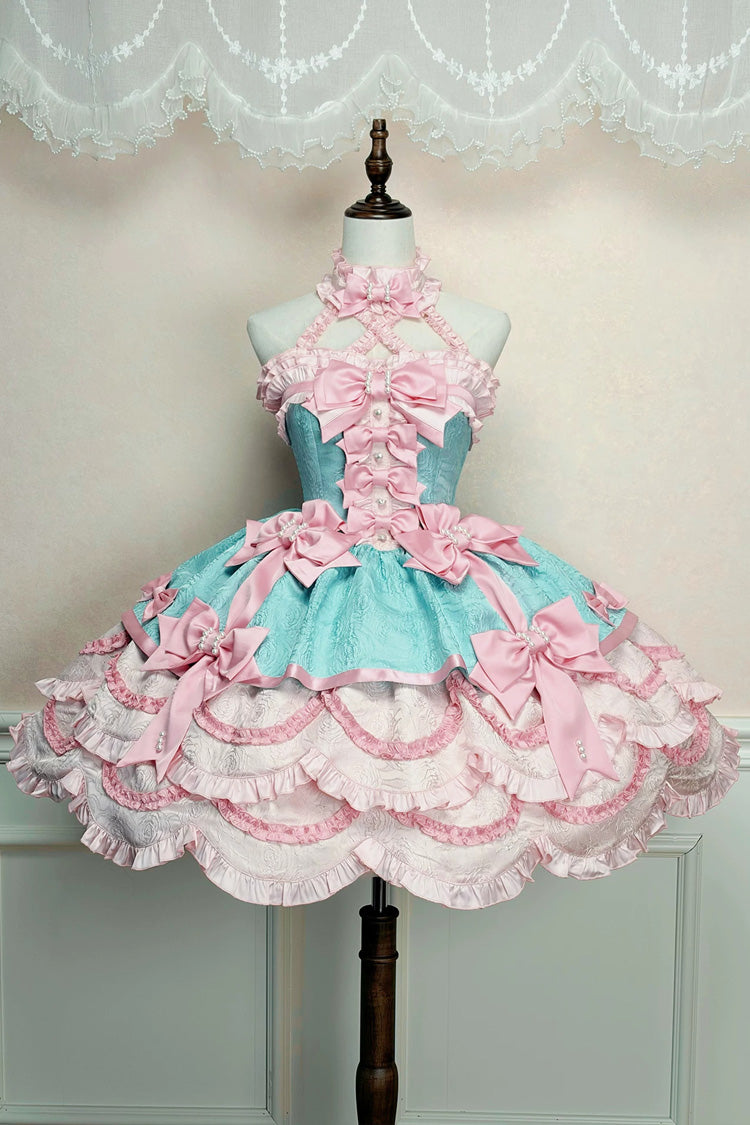 Pink/Green [Sweetheart Petals] Halterneck Sleeveless Multi-Layered Jacquard Ruffled Bow Pearl Detail Sweet Lolita Jsk Dress - Pink/Green - 1