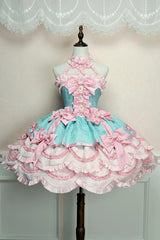 Pink/Green [Sweetheart Petals] Halterneck Sleeveless Multi-Layered Jacquard Ruffled Bow Pearl Detail Sweet Lolita Jsk Dress - Pink/Green - 1