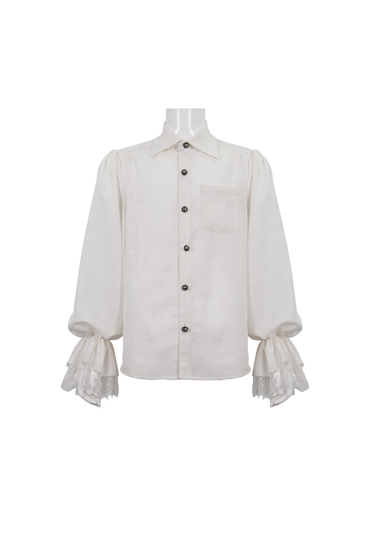 White Lapel Collar Puff Sleeved Lace Hem Men's Gothic Shirt - Product - 6