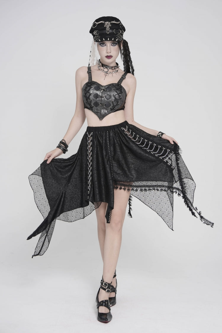 Black Lace Irregular Chain-Decorated Women's Punk Streamer Skirt - Product - 5