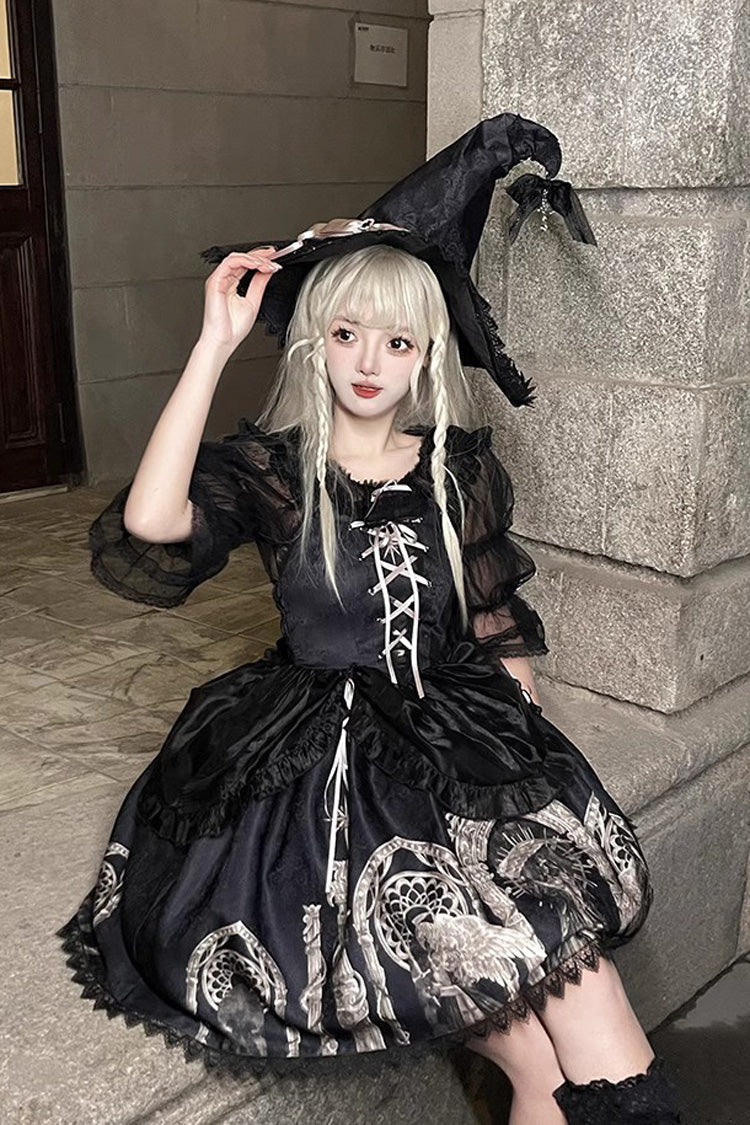 Black Eternal Night Print Ballet Lace-Up Gothic Punk Lolita Jsk Dress - Product - 8