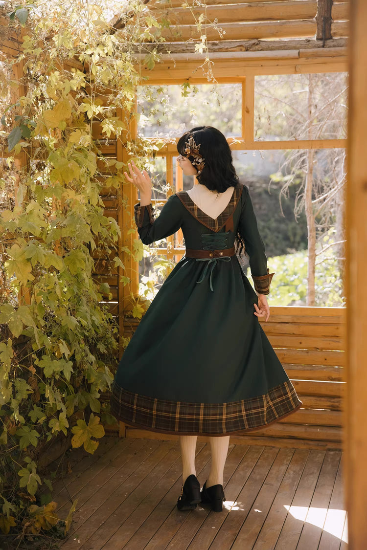 Green [Autumn Chronicles] Round Collar Long Sleeves Printed Embroidered Spliced Slim Sweet Lolita Dress - Product - 9