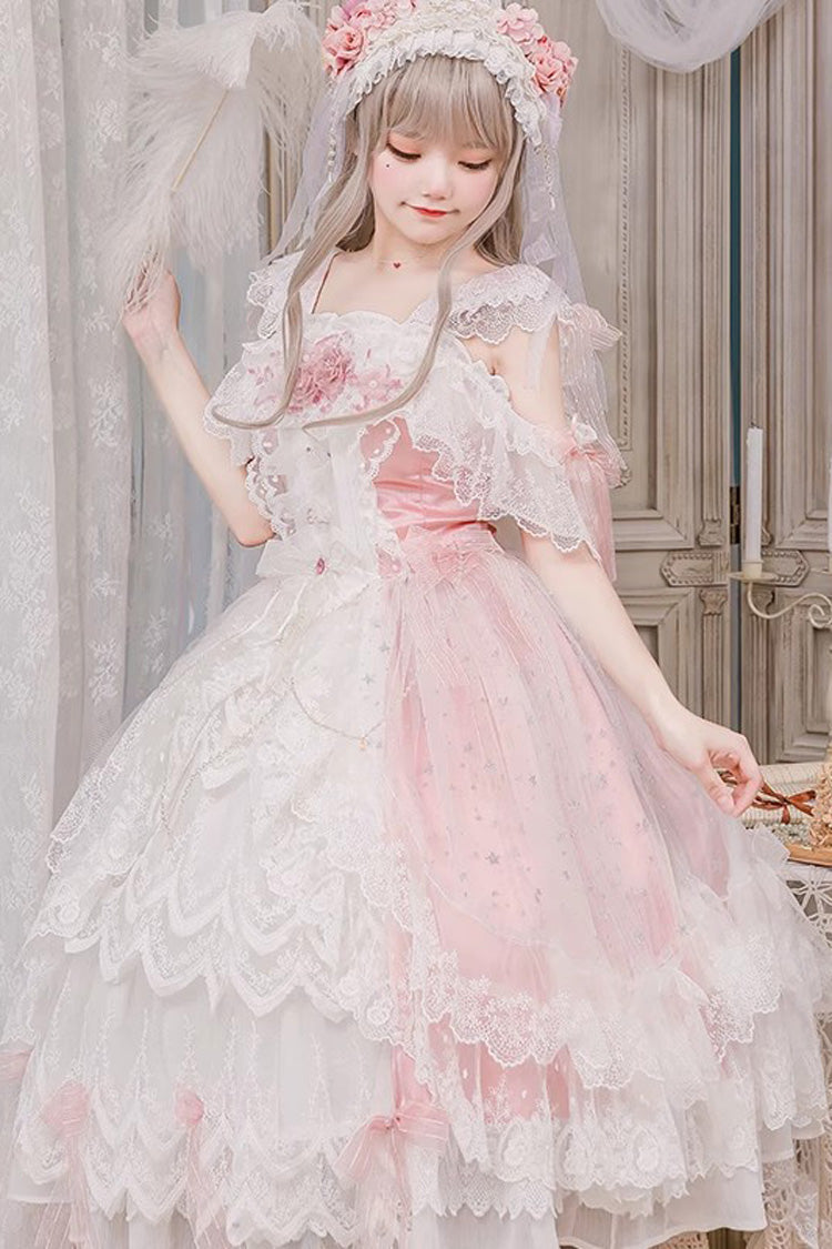 Pink [Glazed Phantom] Off Shoulder Ruffle Hanayome Bowknot Lace Sweet Elegant Lolita Dress - Product - 4