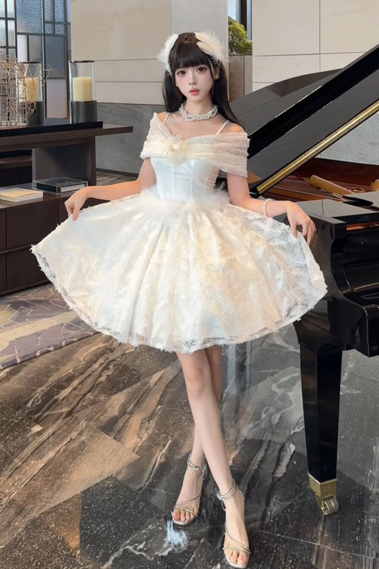 White [Moonlight] Off Shoulder Jacquard Embroidered Bow Gothic Lolita Jsk Short Dress - Product - 4