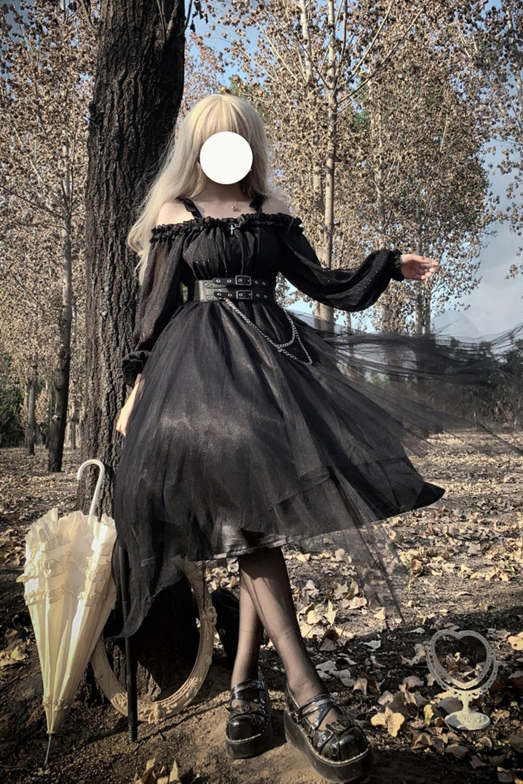 Black Long Sleeves Ruffle Bowknot Stitching Lace Gothic Plus Size Lolita Dress - Product - 5