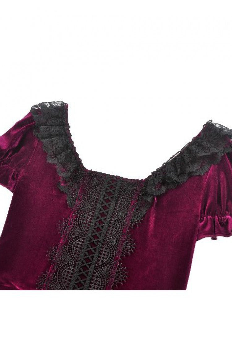 Wine Red Square Collar Short Puff Sleeves Velvet Patchwork Lace Lace-Up Women's Gothic Dress - Product - 11
