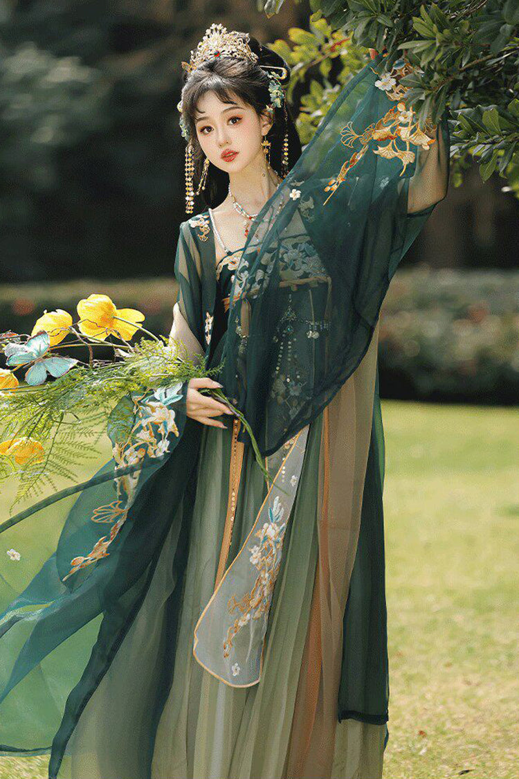 Green [Cloud Brocade And Spring Splendor] High Waisted Embroidered Women's Classic Luxurious Hanfu Dress Set - Product - 5