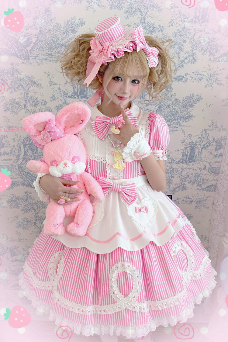 [A Day as a Candy Shop Owner] Peter Pan Collar Short Sleeves Printed Bow Sweet Lolita Dress 3 Colors (Red, Blue, Pink) - Product - 14