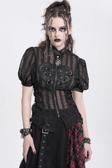 Black Stand Collar Short Puff Sleeves Sheer Mesh Women's Gothic Blouse - Black - 1