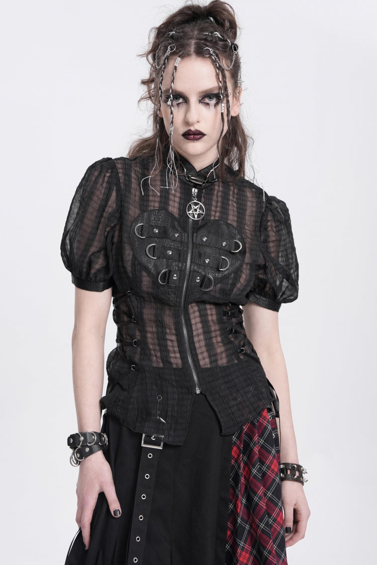Black Stand Collar Short Puff Sleeves Sheer Mesh Women's Gothic Blouse - Black - 1