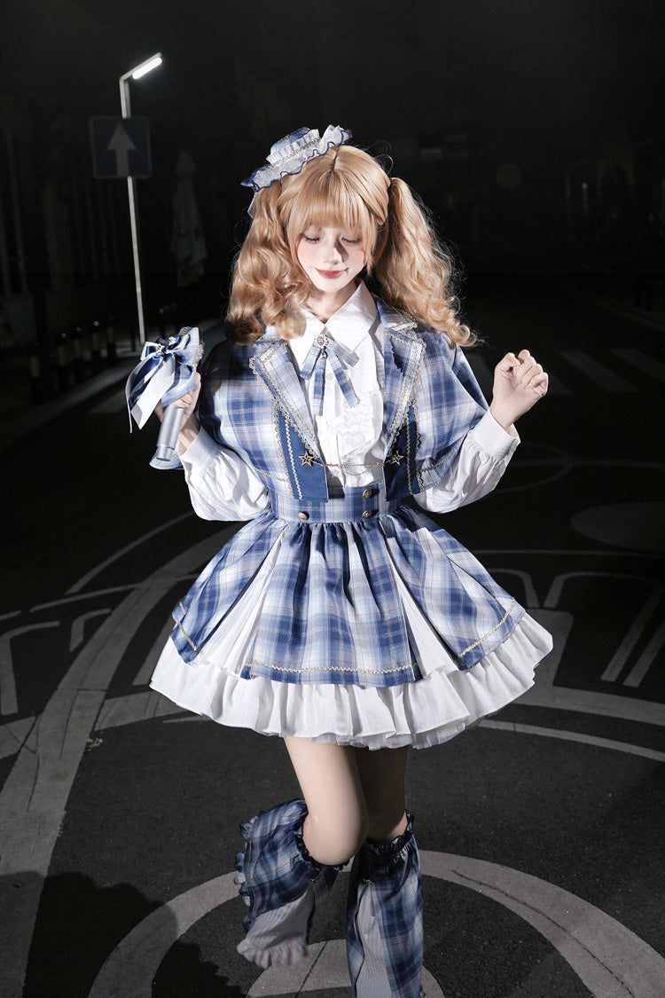 Blue [Little Starlight Idol] Lapel Collar Long Sleeves Double-Layered Printed Ruffled Bow Sweet Japanese Lolita Skirt Set - Product - 13