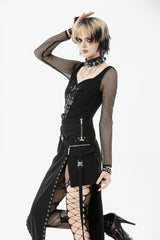 Black Strap Buckled Women's Punk Eyelet High-Slit Midi Skirt with Detachable Pocket - Product - 10