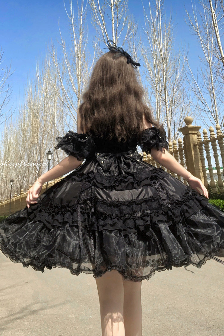 Black [Spring Cherry Snowfall] Off Shoulder Short Sleeves Multi-Layered Ruffled Bow Gothic Lolita Jsk Dress - Product - 3