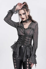 Black Long Sleeves Embroidery Lace-Up Irregular Sheer Women's Gothic Blouse - Black - 1