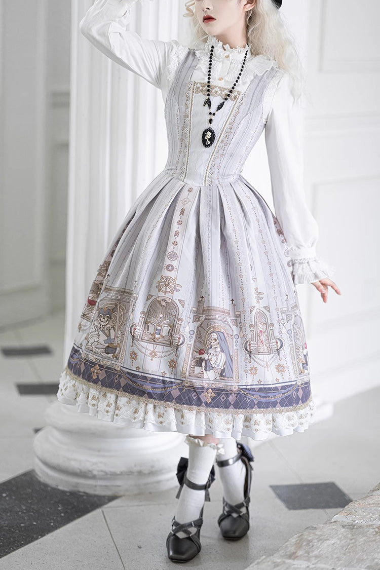 Demon Hunting Notes Print Ruffle Sweet Elegant Lolita Jumper Dress 2 Colors - Grey - 1