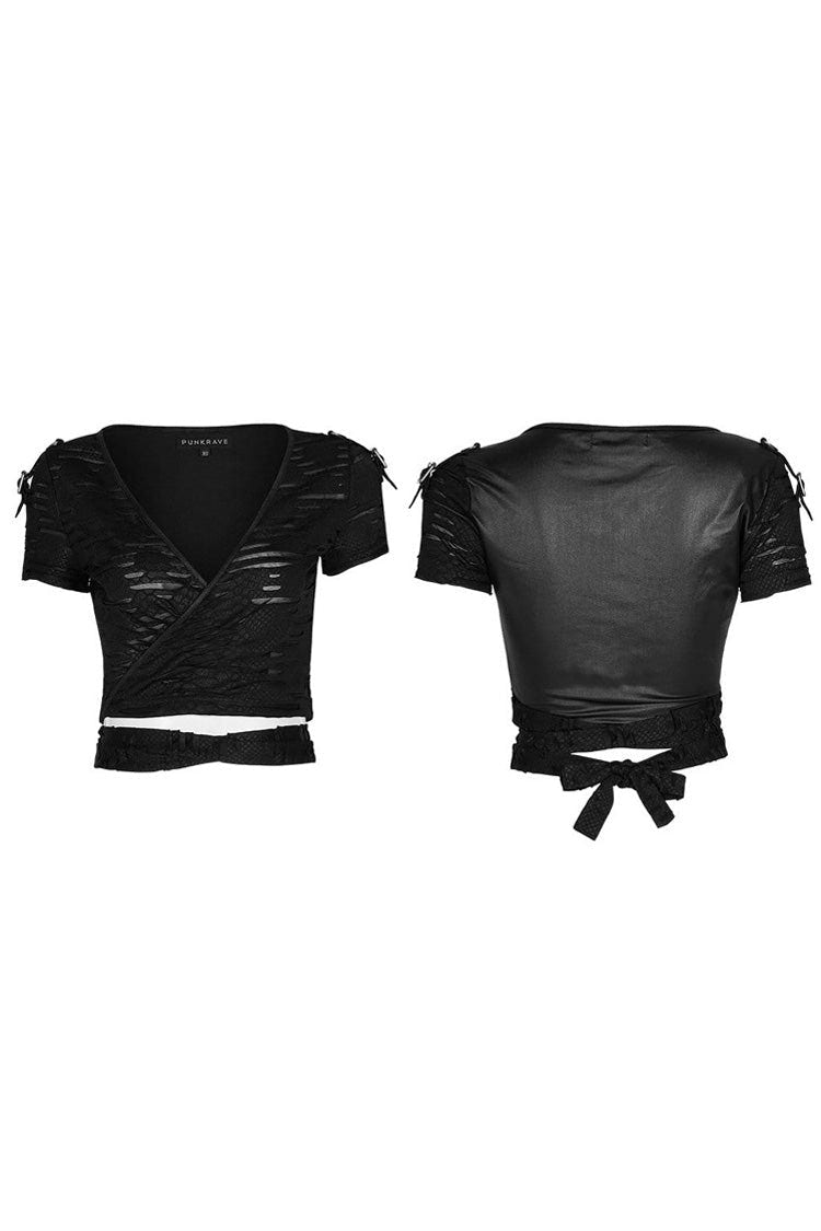 Black Knit V Neck Short Sleeve Back Waist Bandage Broken Holes Women's Punk T-Shirt - Product - 5