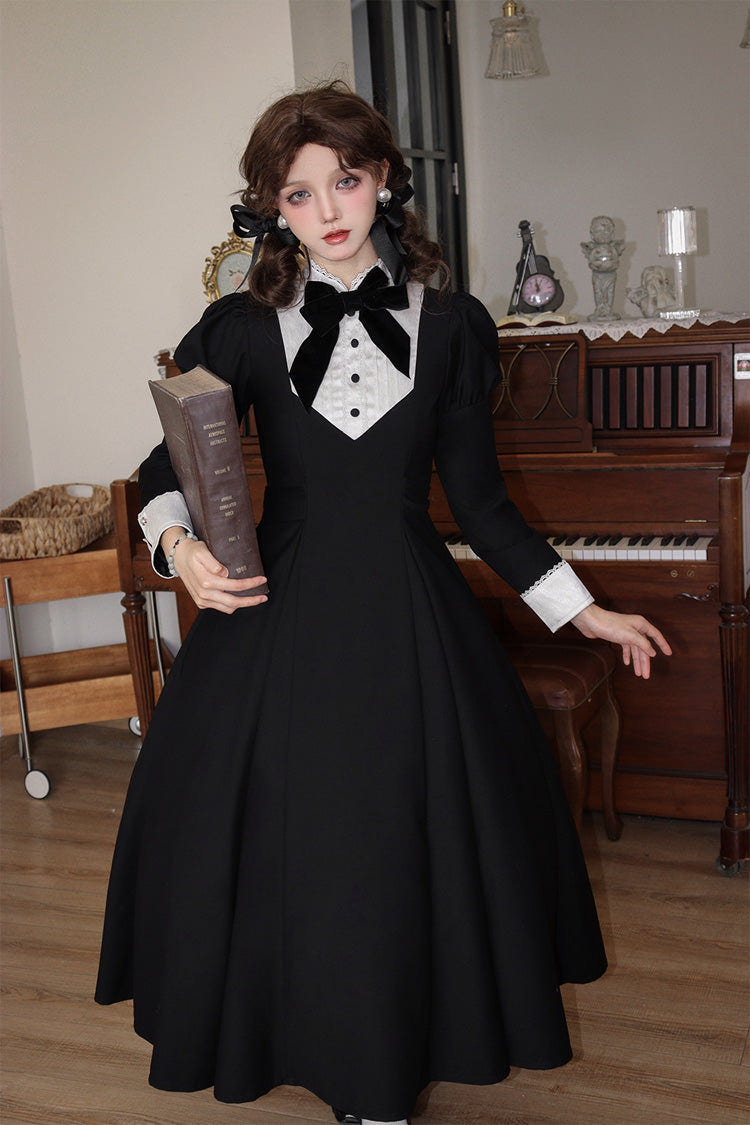 Black [Miss Donya] Stand Collar Long Sleeves Bow Gothic Elegant Lolita OP Dress - Product - 5
