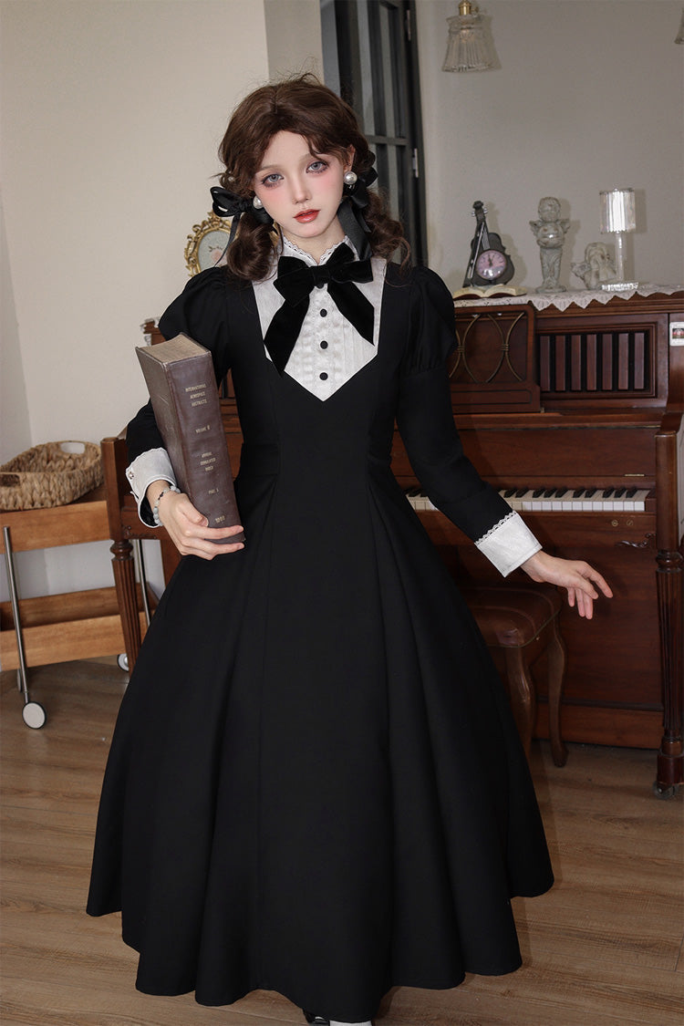 Black [Miss Donya] Stand Collar Long Sleeves Bow Gothic Elegant Lolita OP Dress - Product - 5