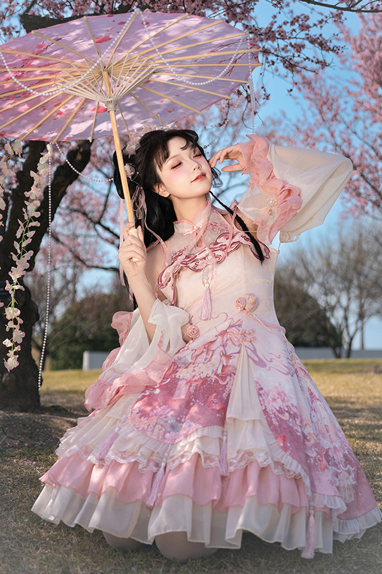 Pink [Flower Feast] Multi-Layered Print Ruffle Bowknot Sweet Chinese Style Lolita Jsk Dress - Product - 5