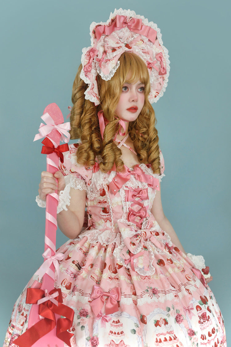 [Strawberry Cake Bouquet] Print Square Collar Short Sleeves Bowknot Lace Sweet Lolita Dress 3 Colors - Product - 5