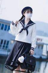 White/Dark Blue Long Sleeves Sweet Japanese School Skirt Set - Product - 12