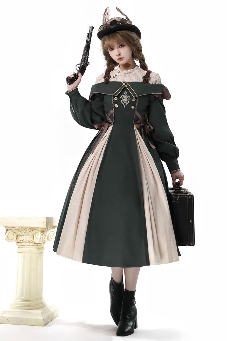 Dark Green Long Sleeves Ruffle Embroidery Bowknot Gothic Princess Lolita Dress - Product - 7