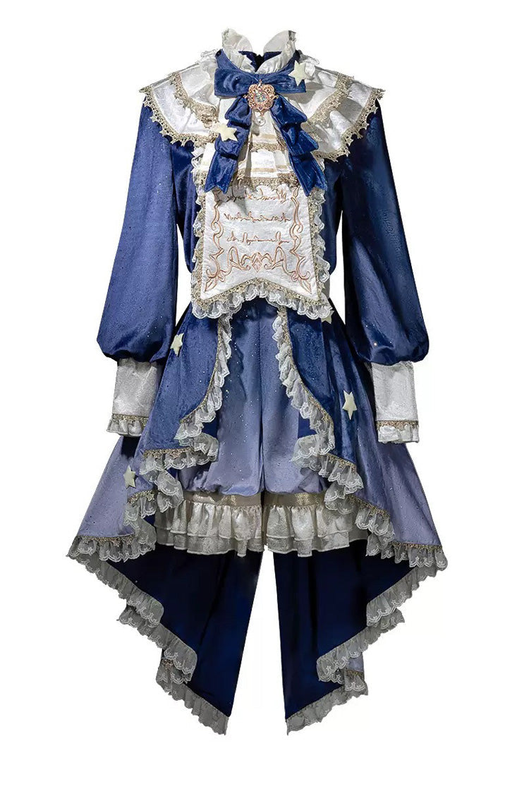 Blue Long Sleeves Ombre Ruffled Bow Ouji Gothic Lolita Swallowtail Dress Shorts Set - Product - 4