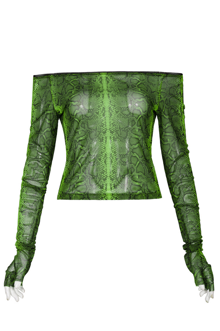 Green Long Sleeve One Word Collar Half Cut Finger Cuffs Tight Python Serpent Print Women's Punk T-Shirt - Product - 5