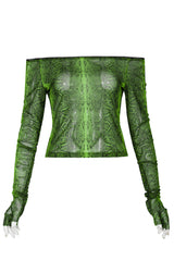 Green Long Sleeve One Word Collar Half Cut Finger Cuffs Tight Python Serpent Print Women's Punk T-Shirt - Product - 5