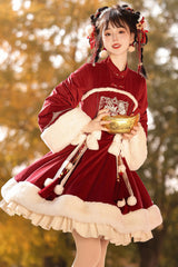 Red Long Sleeves Ruffle Embroidery Bowknot Chinese Style Sweet Lolita Hanfu Dress - Product - 7