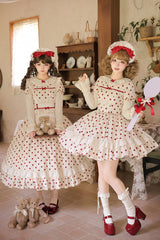 Apricot [Lollipop] Cotton Round Collar Long Lantern Sleeves Polka Dot Printed Ruffled Bow Lace Sweet Elegant Lolita Dress 2 Versions - Product - 4