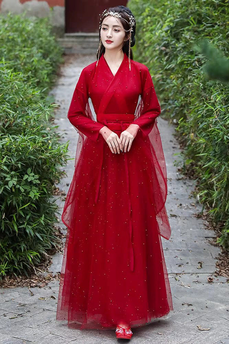 Red Long Sleeves Lace Pearl-Decorated Classic Elegant Hanfu Dress - Red - 1