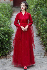 Red Long Sleeves Lace Pearl-Decorated Classic Elegant Hanfu Dress - Red - 1