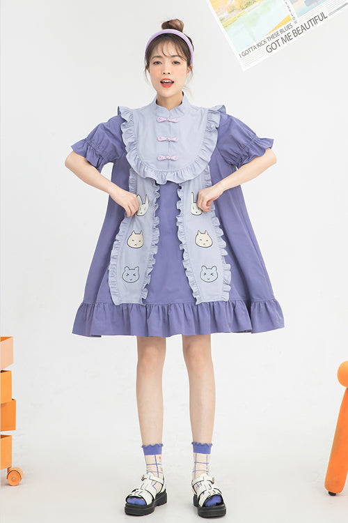 Purple Chinoiserie Button Stand Collar Short Sleeves Ruffled Cute Rabbit Ears High Waisted Sweet Lolita Dress - Product - 2