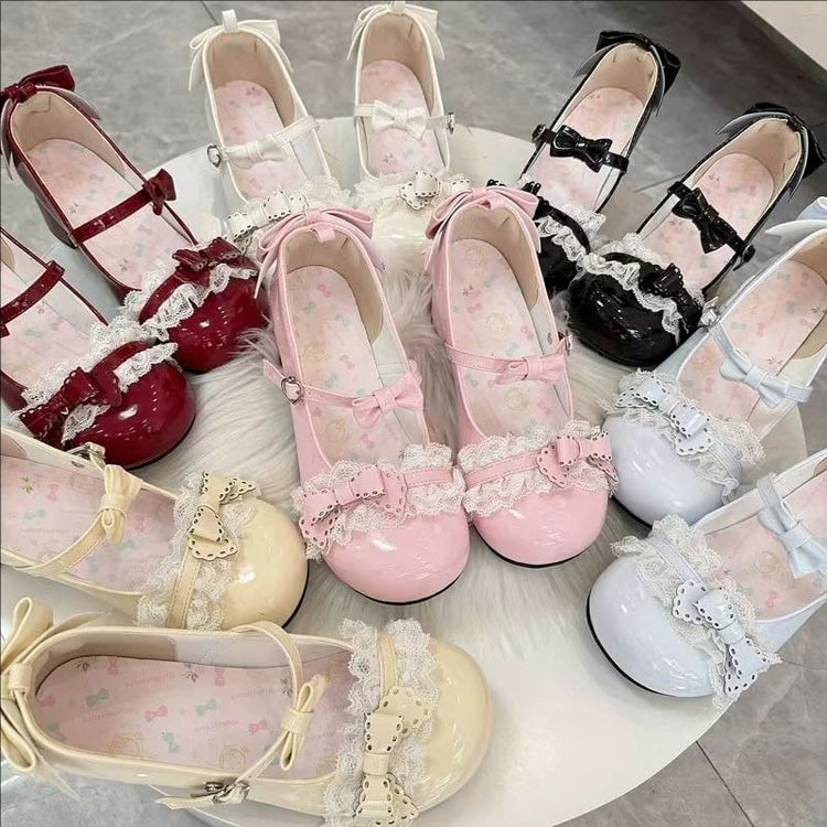 Round Toe Bow Mid Heel Lolita Shoes with Cat Paw Heels 6 Colors - Product - 8