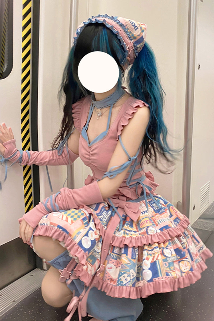 Pink Double-Layered Pop Advertising Paper Print Ruffle Bowknot Sweet Lolita Skirt Set - Product - 2