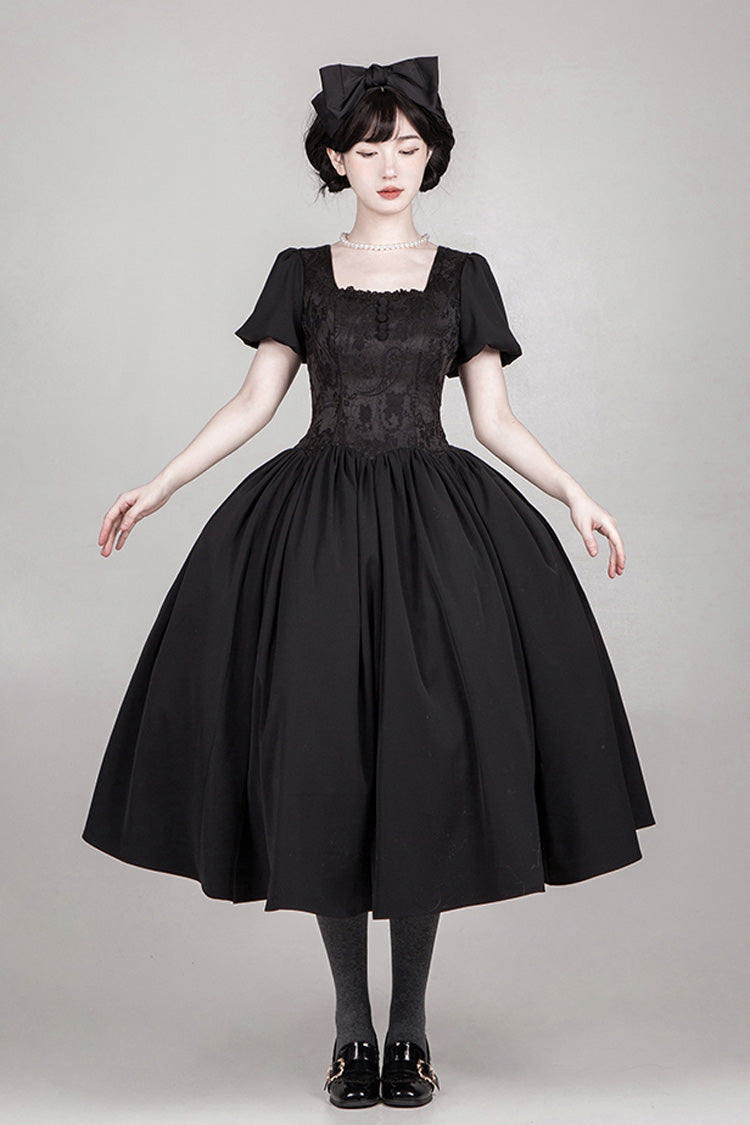 Black [Old Testament] Short Sleeves Ruffle Embroidery Bowknot Lace-Up Gothic Lolita Dress 2 Versions - Product - 16