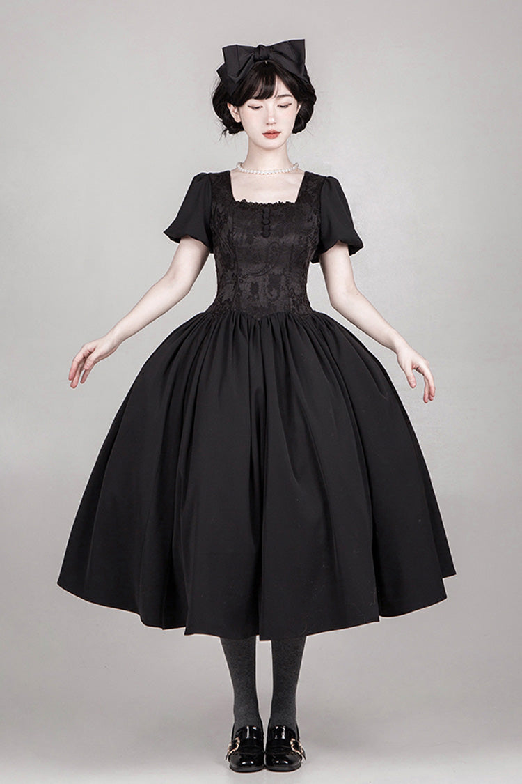 Black [Old Testament] Short Sleeves Ruffle Embroidery Bowknot Lace-Up Gothic Lolita Dress 2 Versions - Product - 16