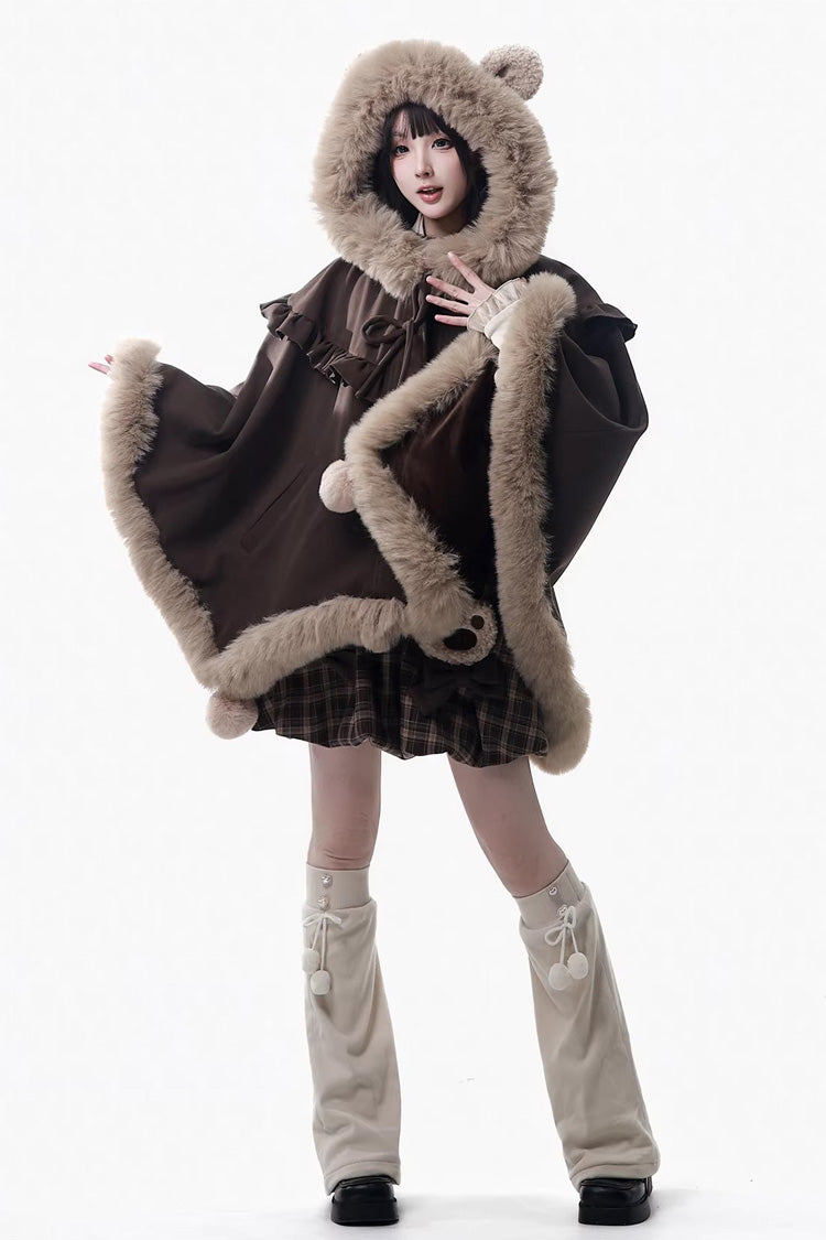 Brown [Fluffy Little Bear] Plaid Printed Ruffled Bow Sweet Lolita Strap Dress - Product - 9