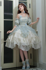 [Goodnight Camellia] Sleeveless Ombre Multi-Layered Printed Ruffled Lace Fishbone Sweet Lolita Jsk Dress 3 Colors - Light-Blue - 9