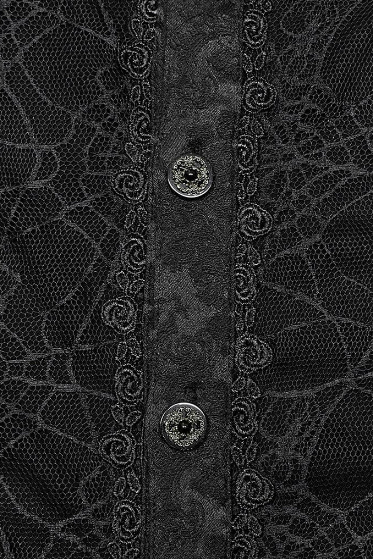 Black Stand Collar Long Puff Sleeves Jacquard Print Lace Mens Gothic Blouse - Product - 7