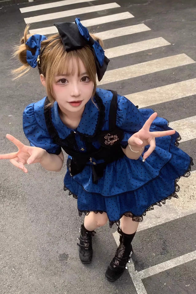 Blue/Black Multi-Layer Polka Dot Print Bowknot Princess Sweet Lolita Skirt Set - Product - 5