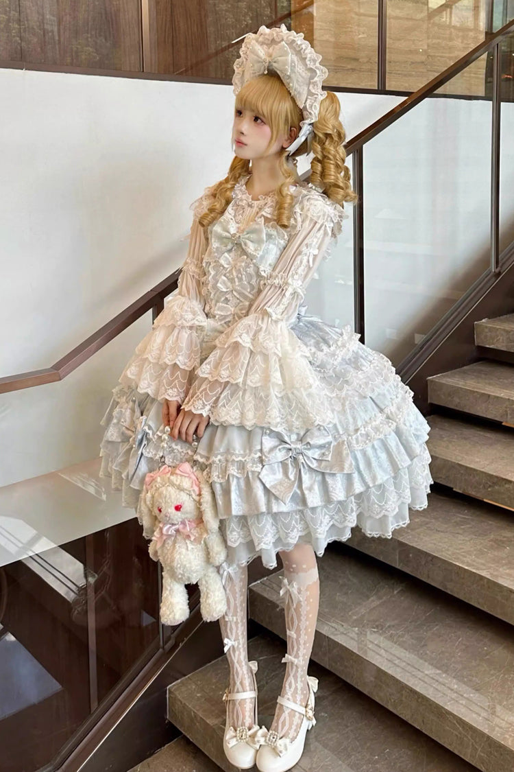 Blue [Dream-Sinking Pearl Veil] Doll-Style Sleeveless Multi-Layered Ruffled Bow Lace Daily Sweet Lolita Dress - Product - 4